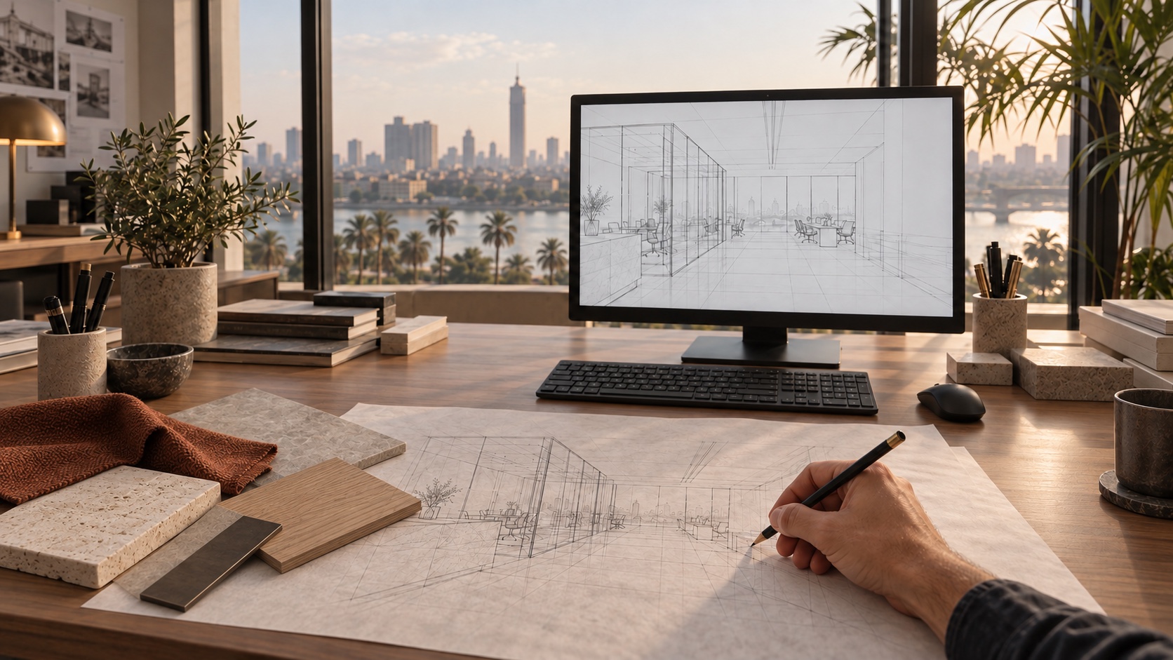 Wide designer point of view, drawing with his right hand; final-room material samples overlap the left side of the sketch.