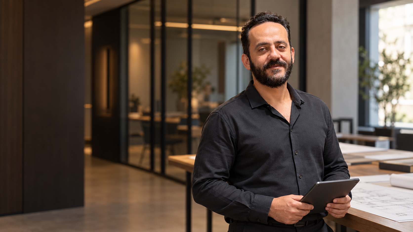 AI-generated editorial portrait of Ahmed Gheith holding a tablet in a modern coordination office.